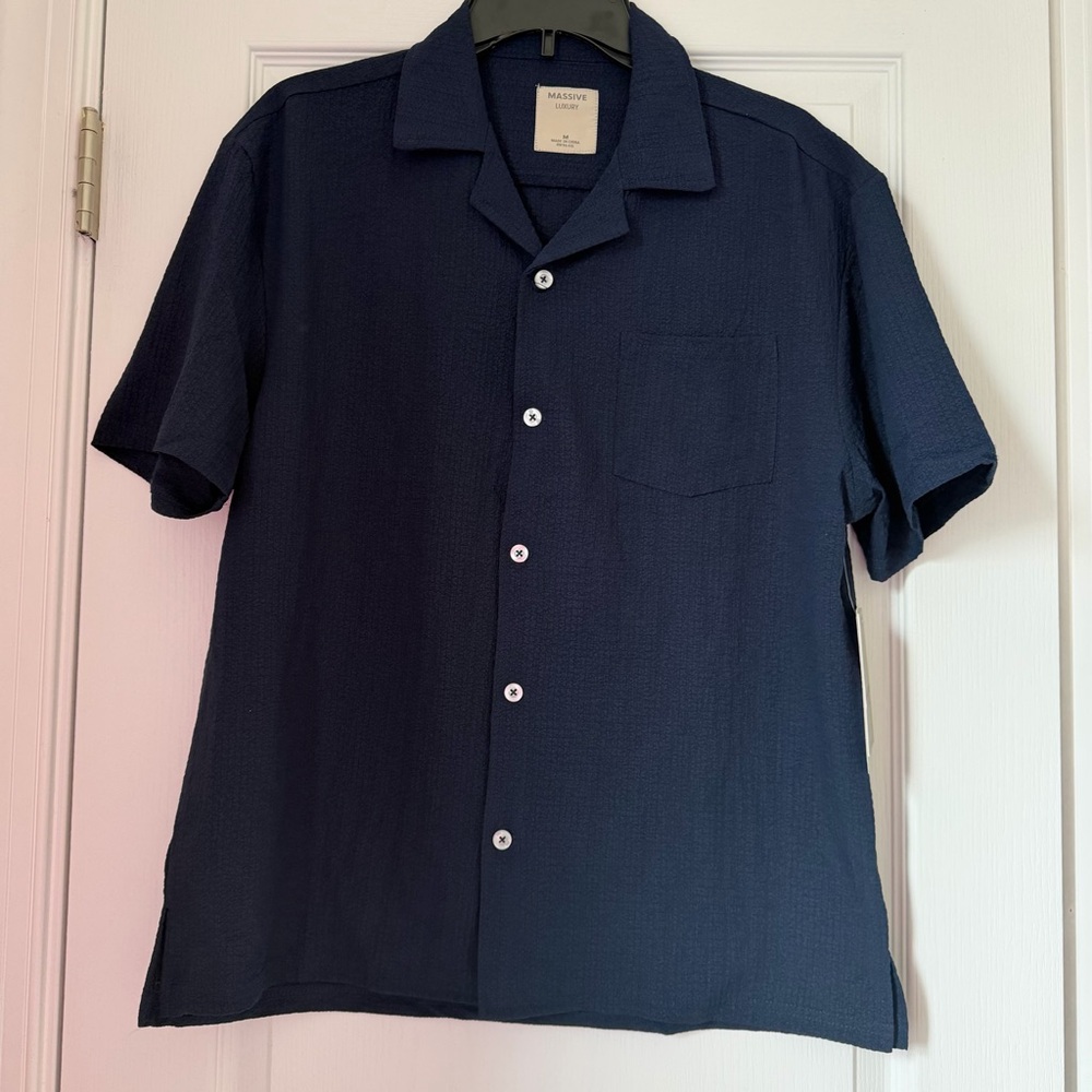 Mew Men’s Massive Luxury Navy Textured Short Sleeve Button-Down Shirt